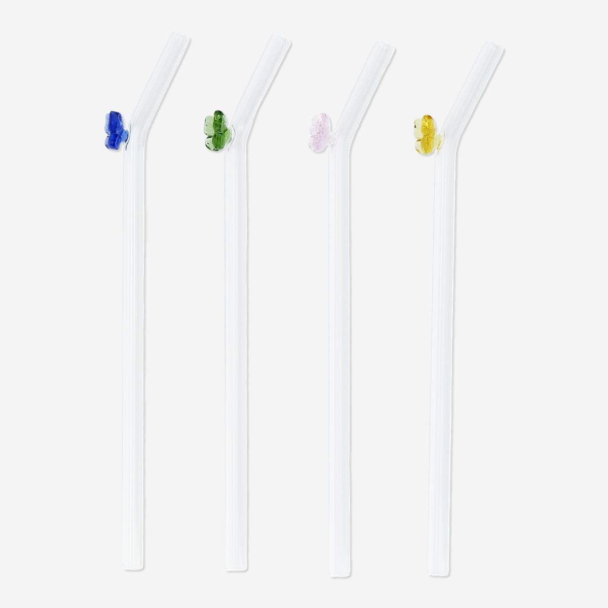 Multicolour Glass Straws With Butterflies - 4 Pcs