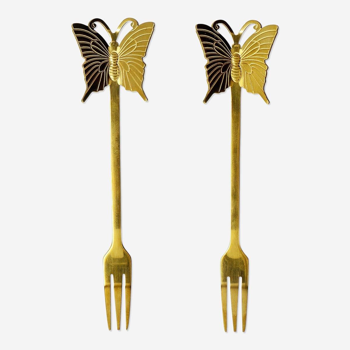 Gold Snack Forks With Butterflies - 2 Pcs