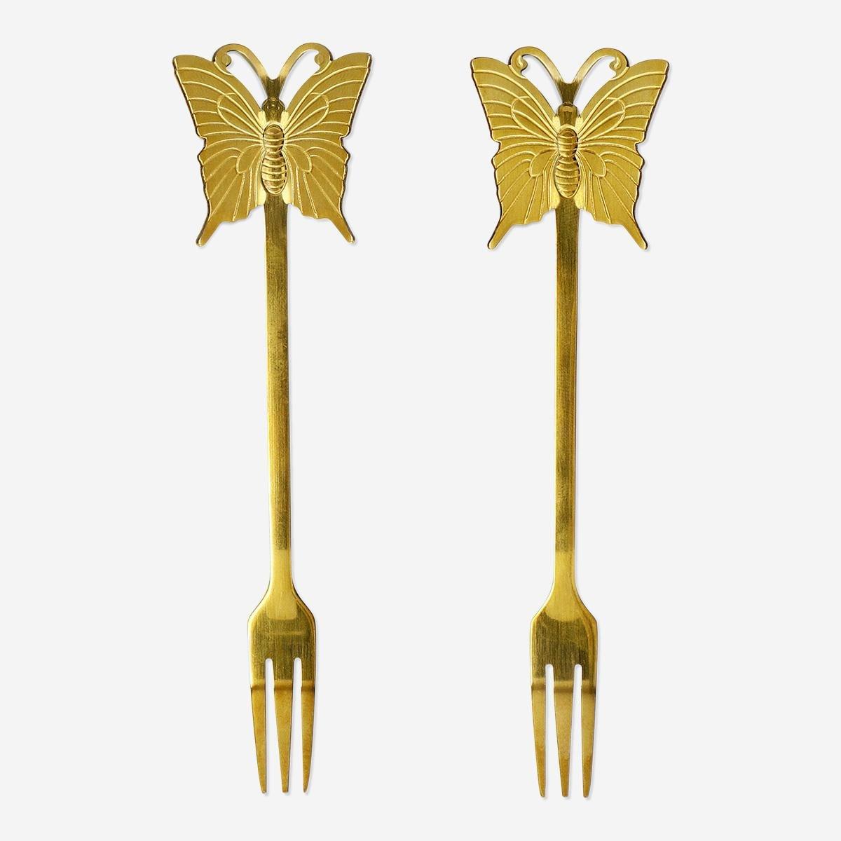 Gold Snack Forks With Butterflies - 2 Pcs
