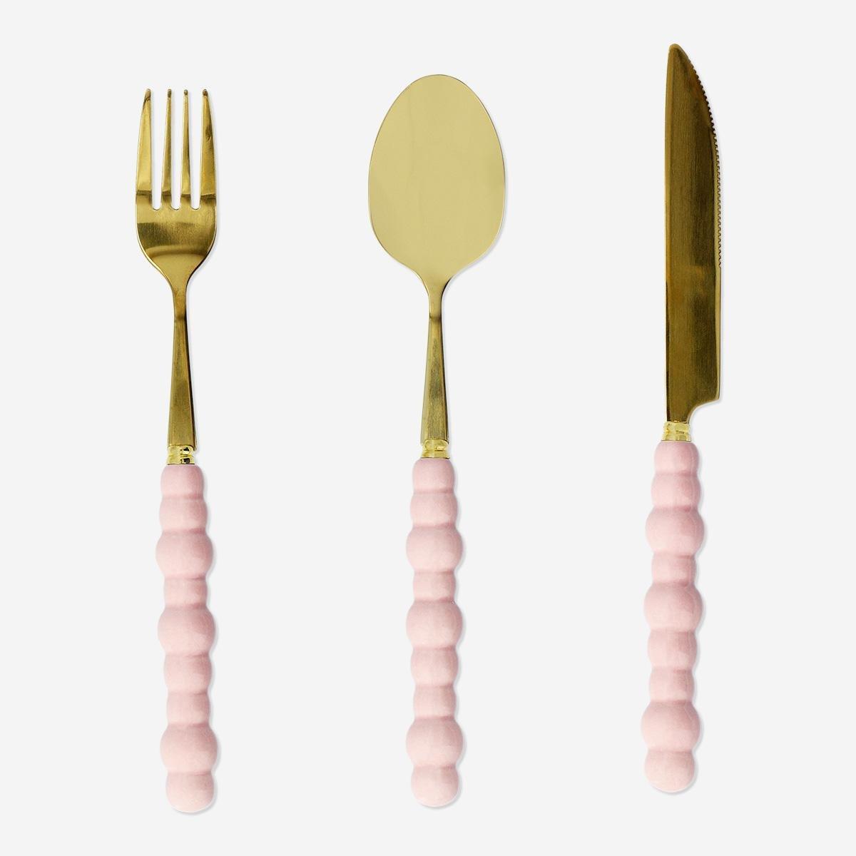 Pink Cutlery Set With Pink Bubble Handles - 3 Pcs
