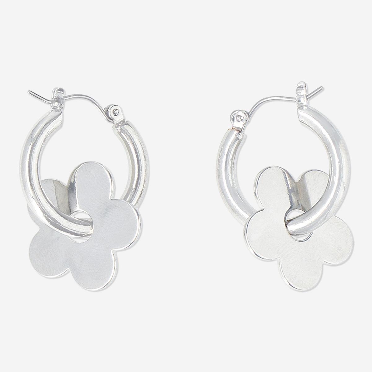 Silver Flower Hoop Earrings - 2 Pcs