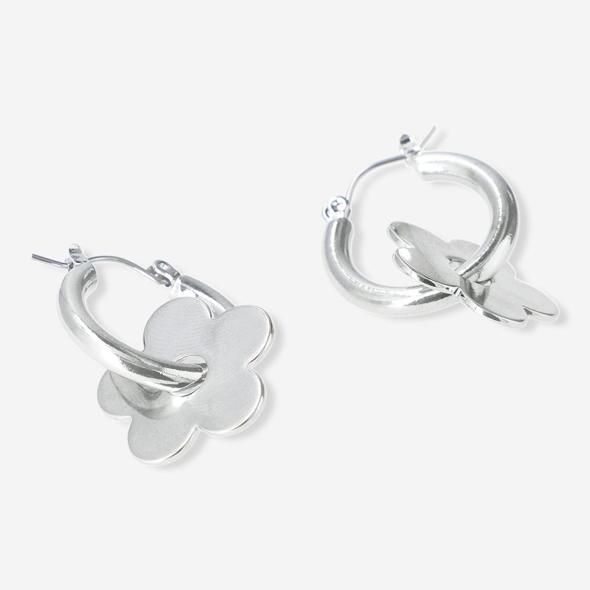 Silver Flower Hoop Earrings - 2 Pcs