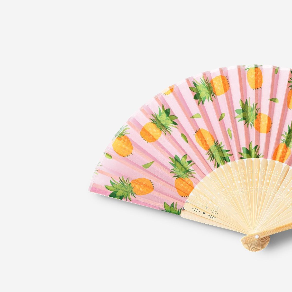 Pink Foldable Pineapple Print Bamboo Fan
