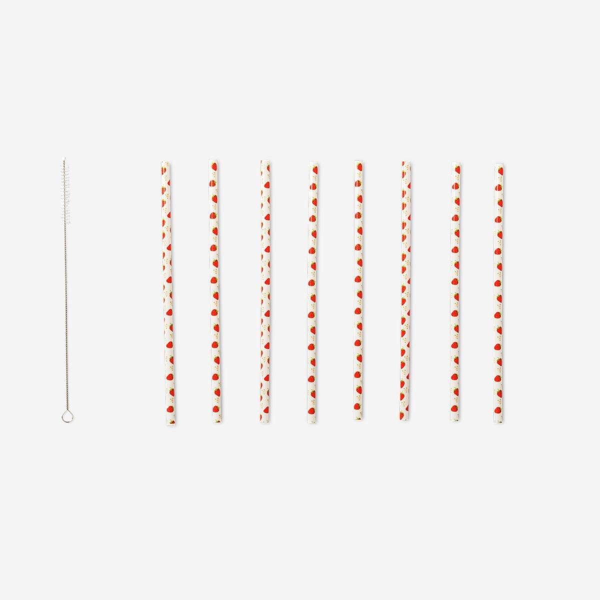 Red Strawberry Print Reusable Straws - 8 Pcs