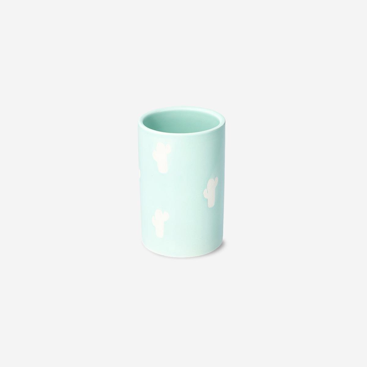 Green Cactus Print Ceramic Toothbrush Holder