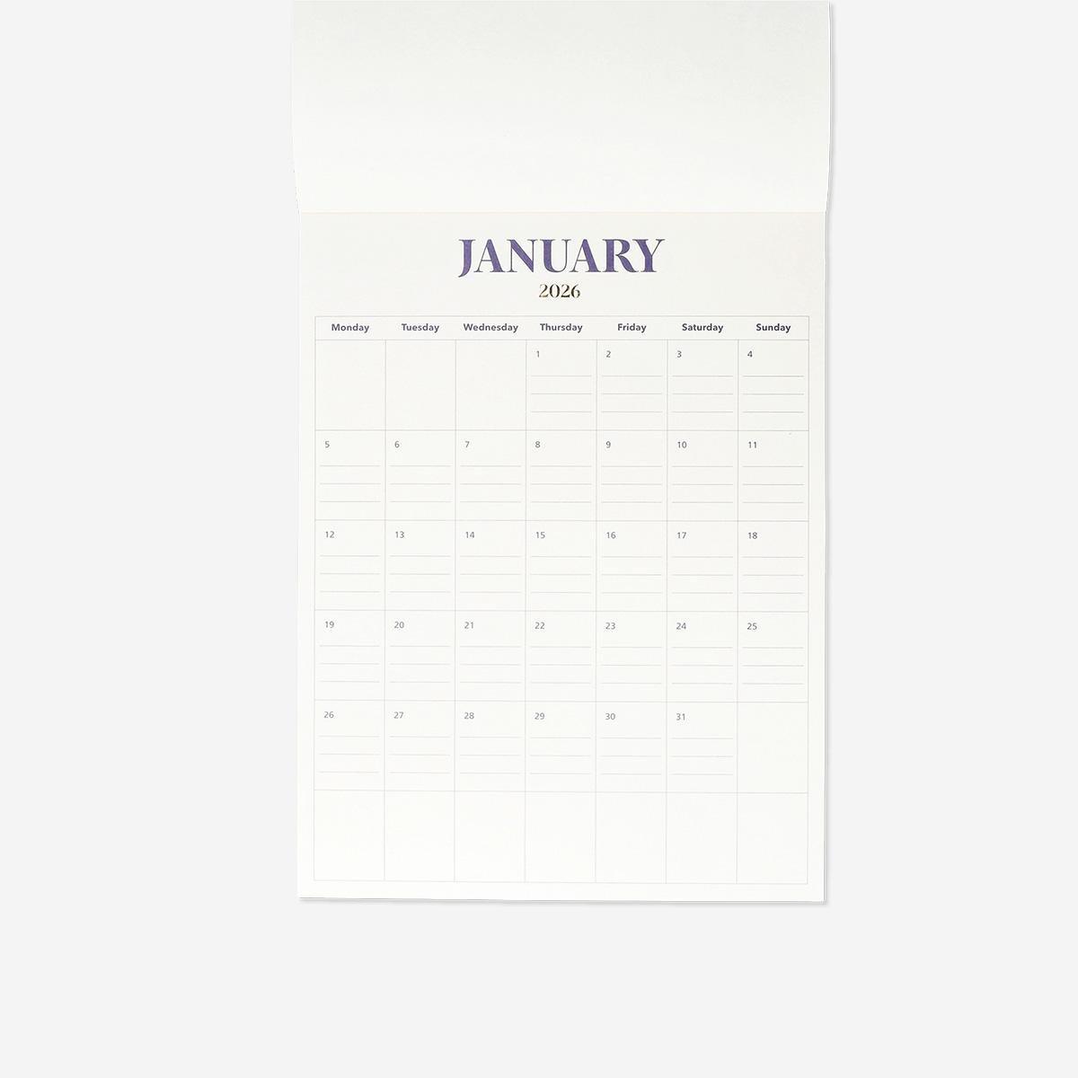 White Linen Monthly Calendar For Hanging 2026 - English