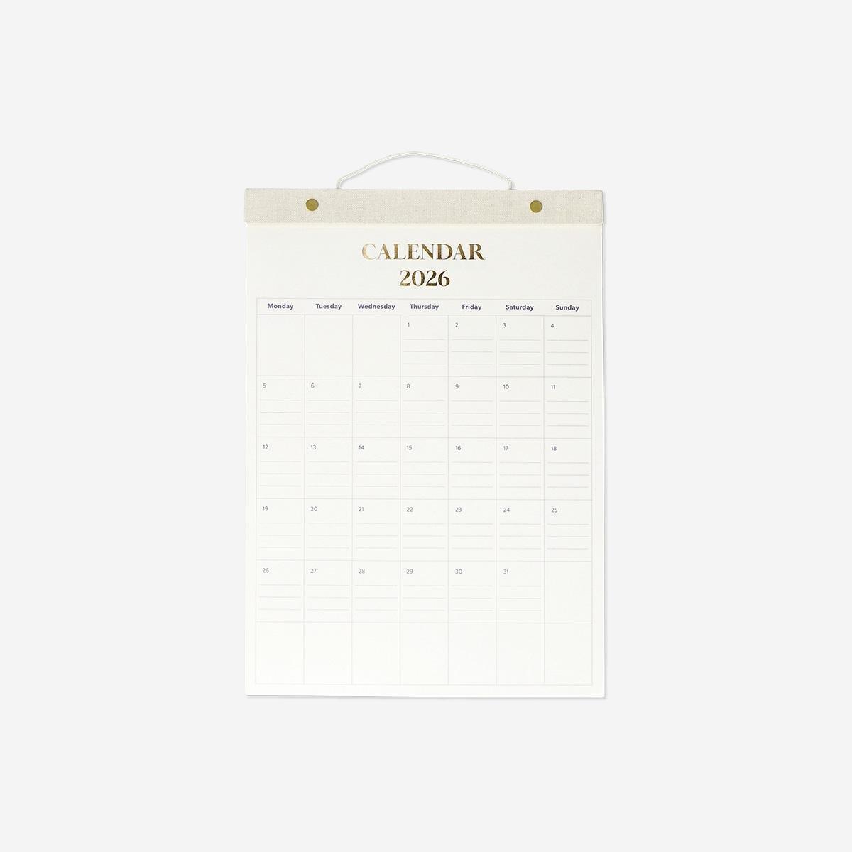 White Linen Monthly Calendar For Hanging 2026 - English