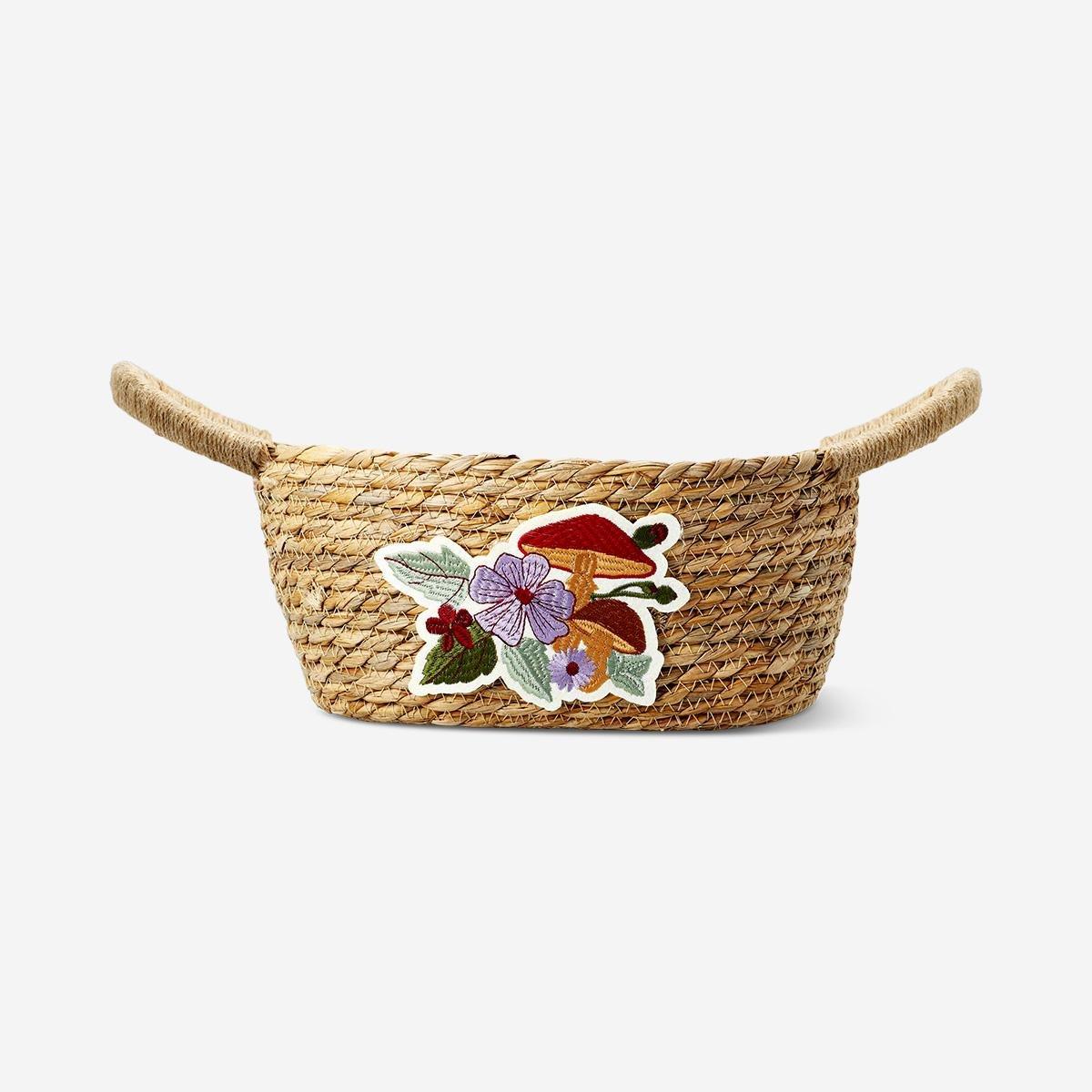 Brown Basket With Embroidered Mushroom