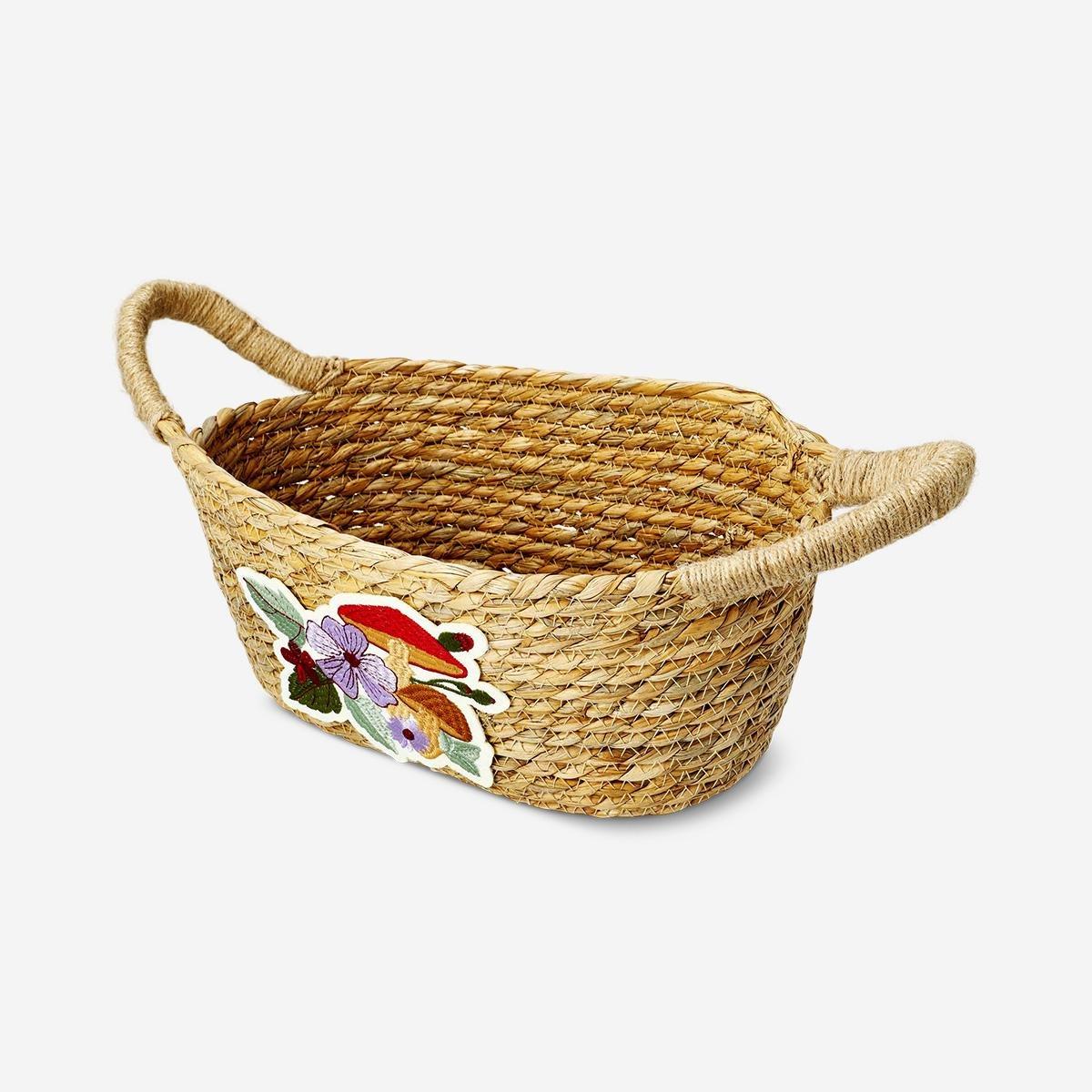 Brown Basket With Embroidered Mushroom