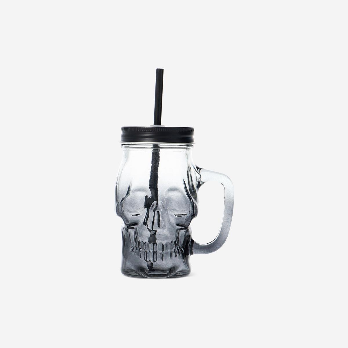 Black Jar W Handle Lid And Straw In Skull Shape