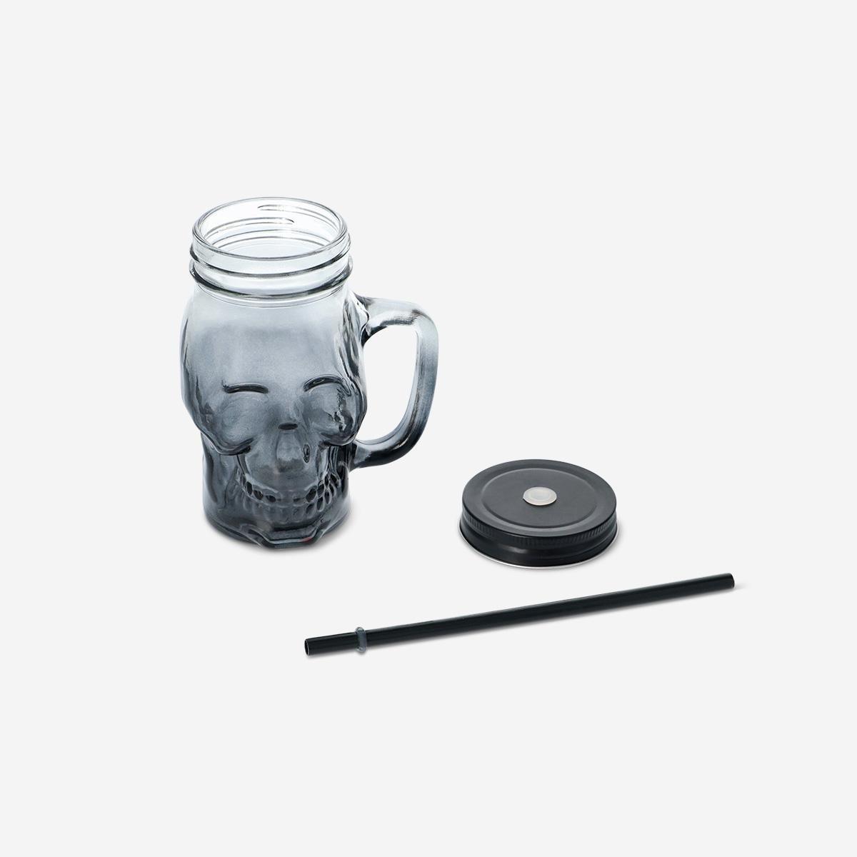 Black Jar W Handle Lid And Straw In Skull Shape