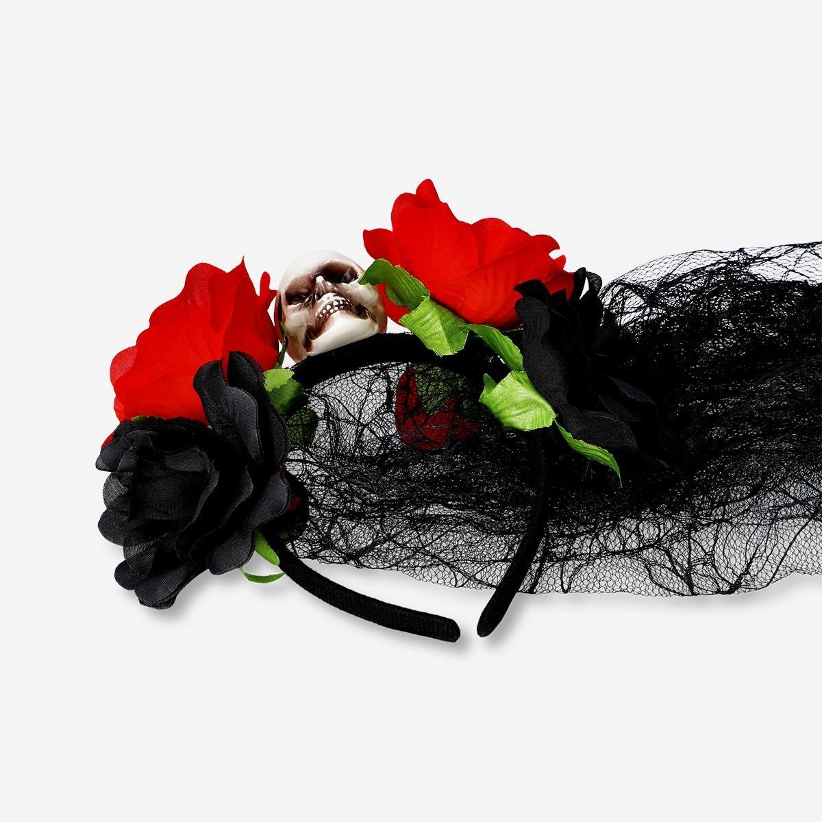 Multicolour Skull With Veil Hairband - For Adults
