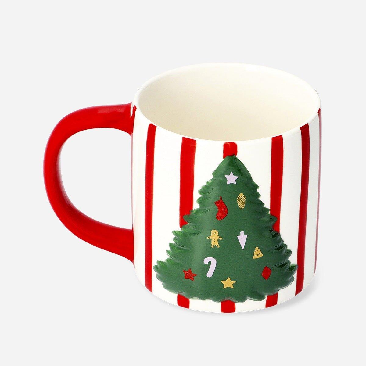 Multicolour Mug With Handle Stripes And Embossed Xmas Tree 400Ml