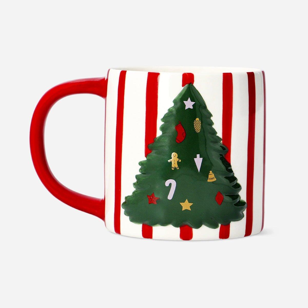 Multicolour Mug With Handle Stripes And Embossed Xmas Tree 400Ml