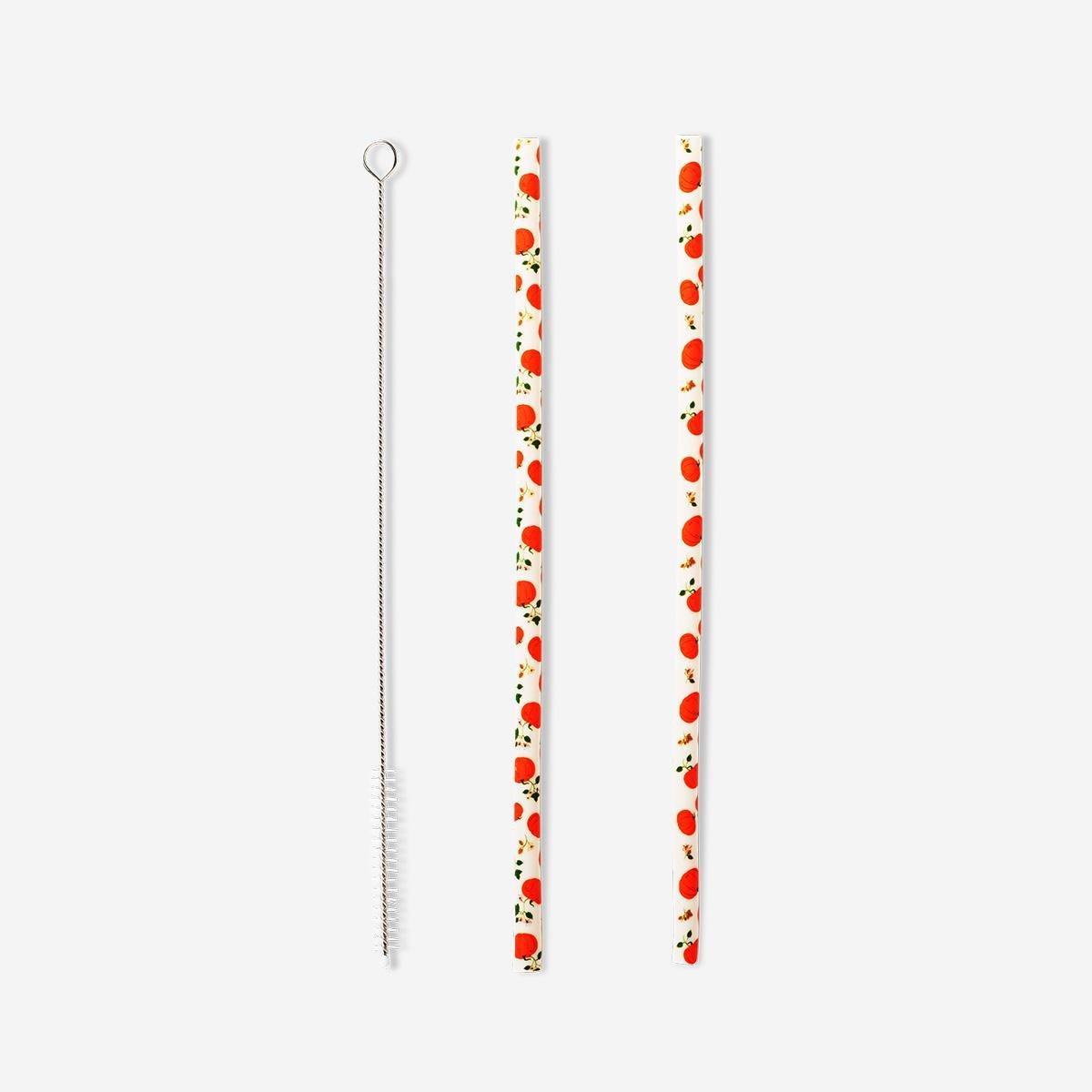 Orange Reusable Straws With Pumpkin Print - 8 Pcs