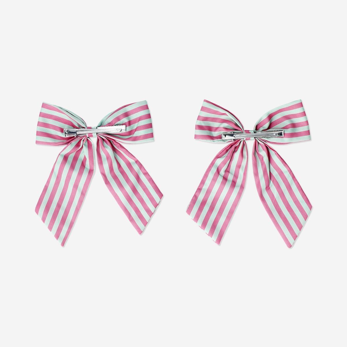 Pink Decorative Clip On Bows With Stripes - 2 Pcs