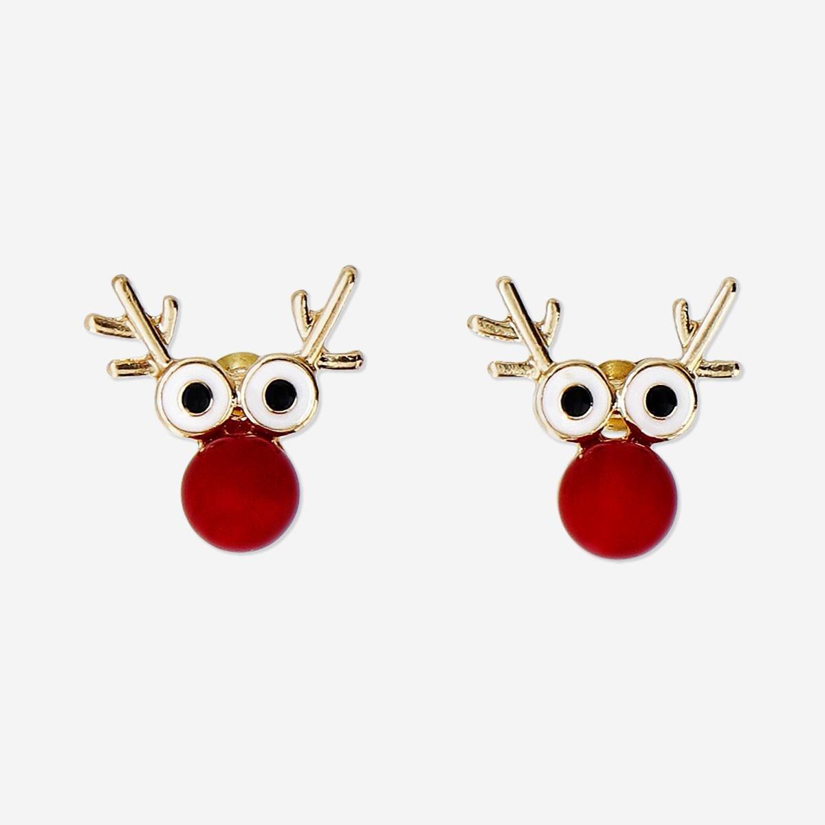 Red Christmas Stud Earrings - Reindeer With Red Nose