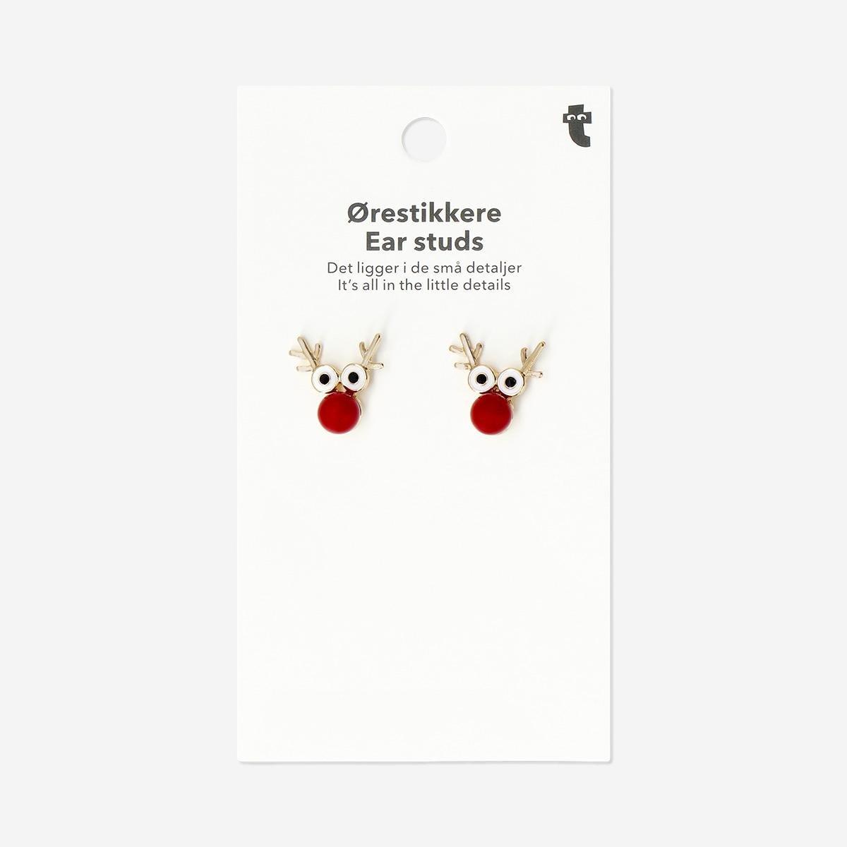Red Christmas Stud Earrings - Reindeer With Red Nose