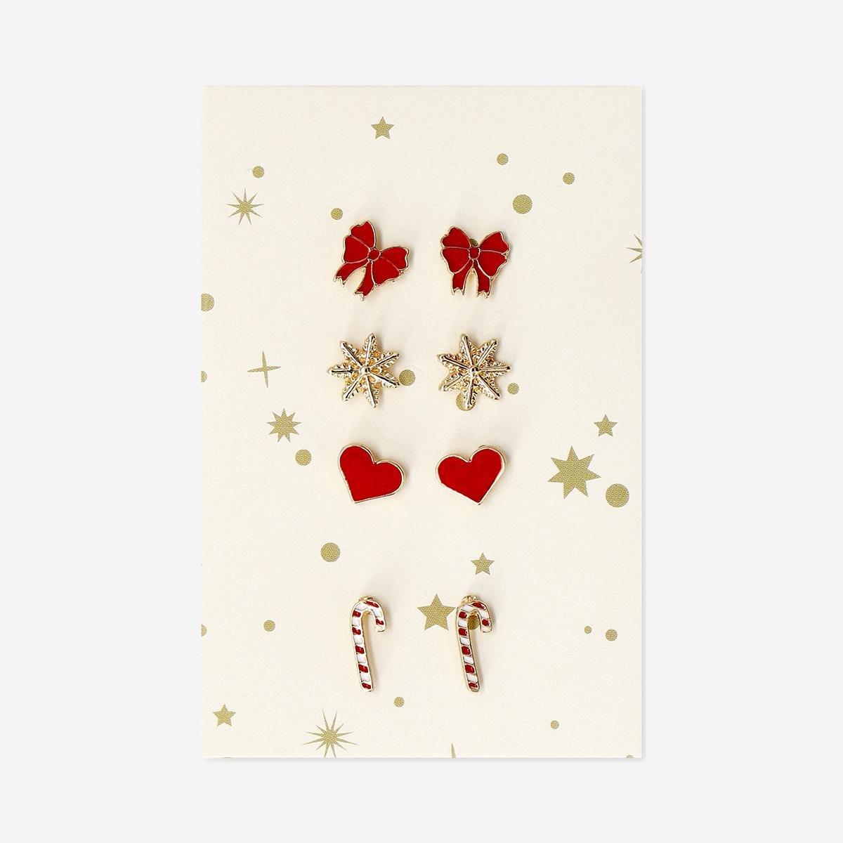 Multicolour Christmas Stud Earrings Set In Red - 4 Pcs