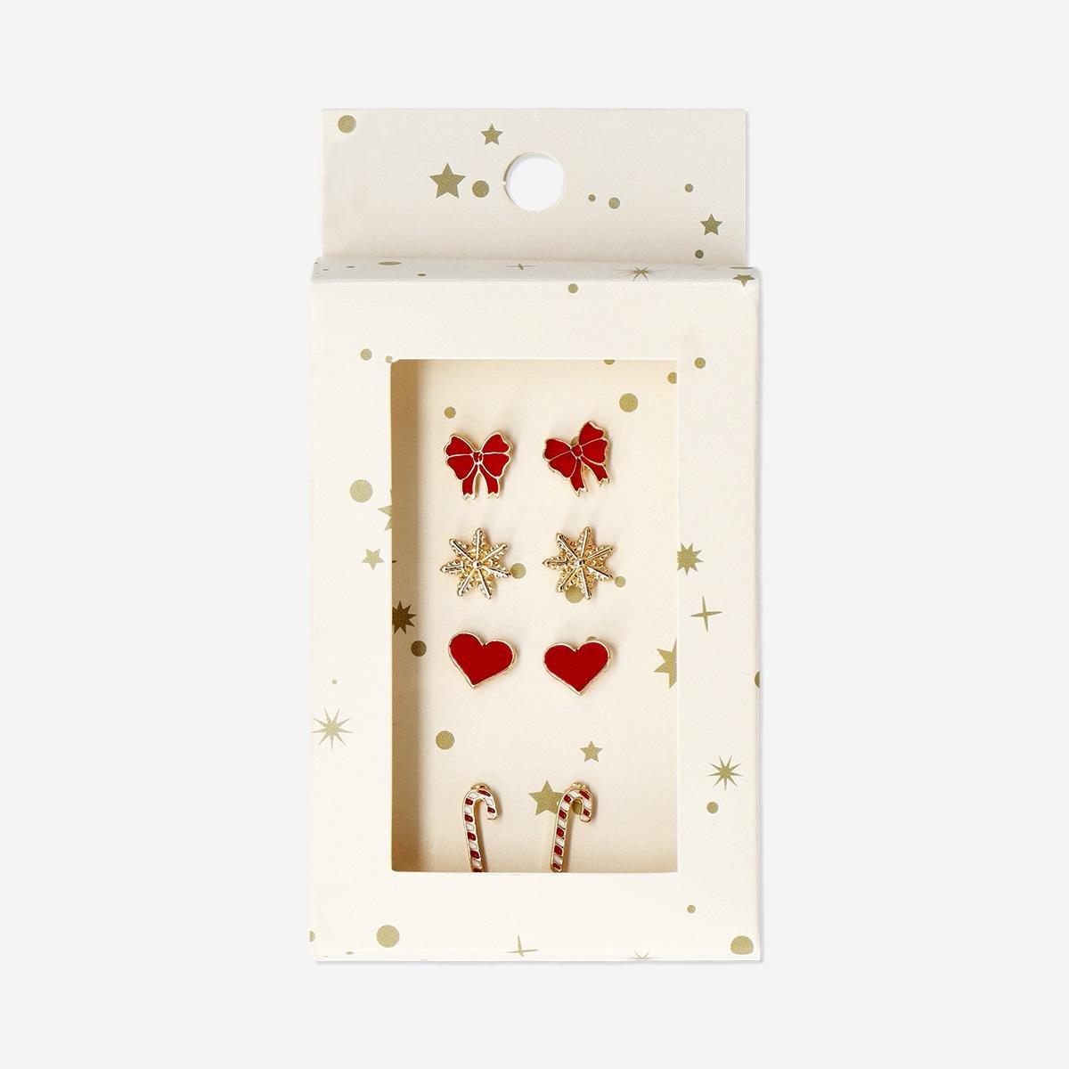 Multicolour Christmas Stud Earrings Set In Red - 4 Pcs