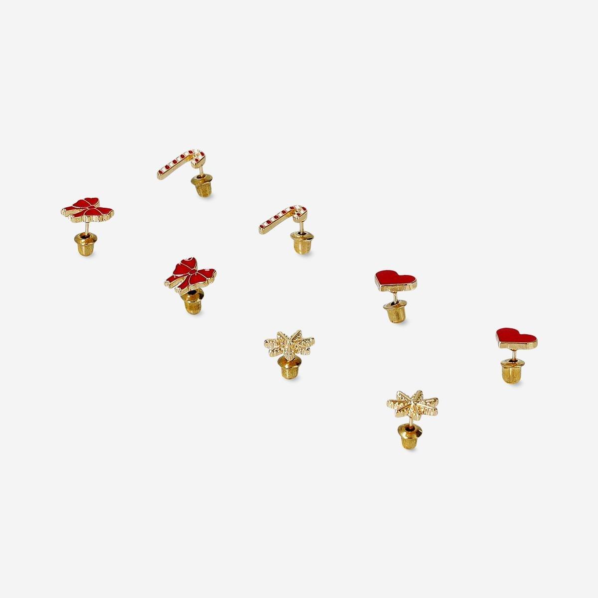 Multicolour Christmas Stud Earrings Set In Red - 4 Pcs