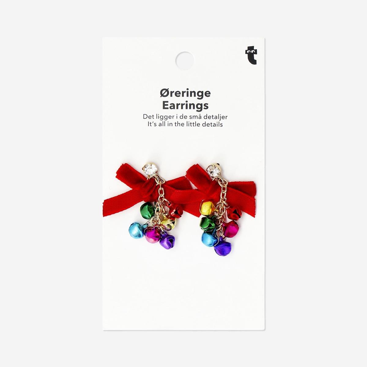 Multicolour Christmas Earrings - Bells With Red Bow