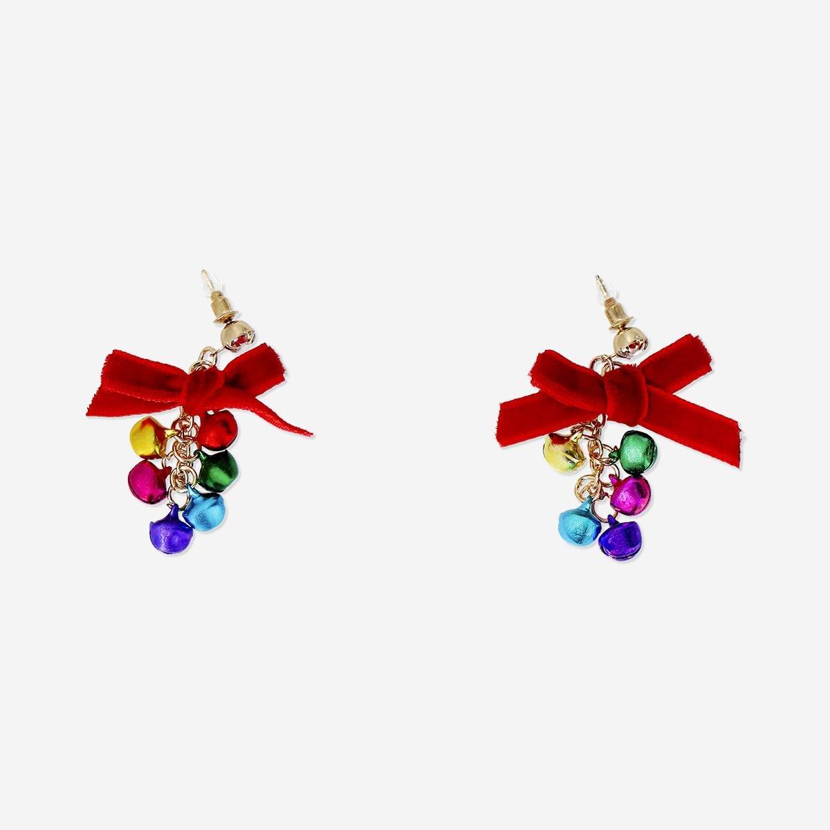 Multicolour Christmas Earrings - Bells With Red Bow
