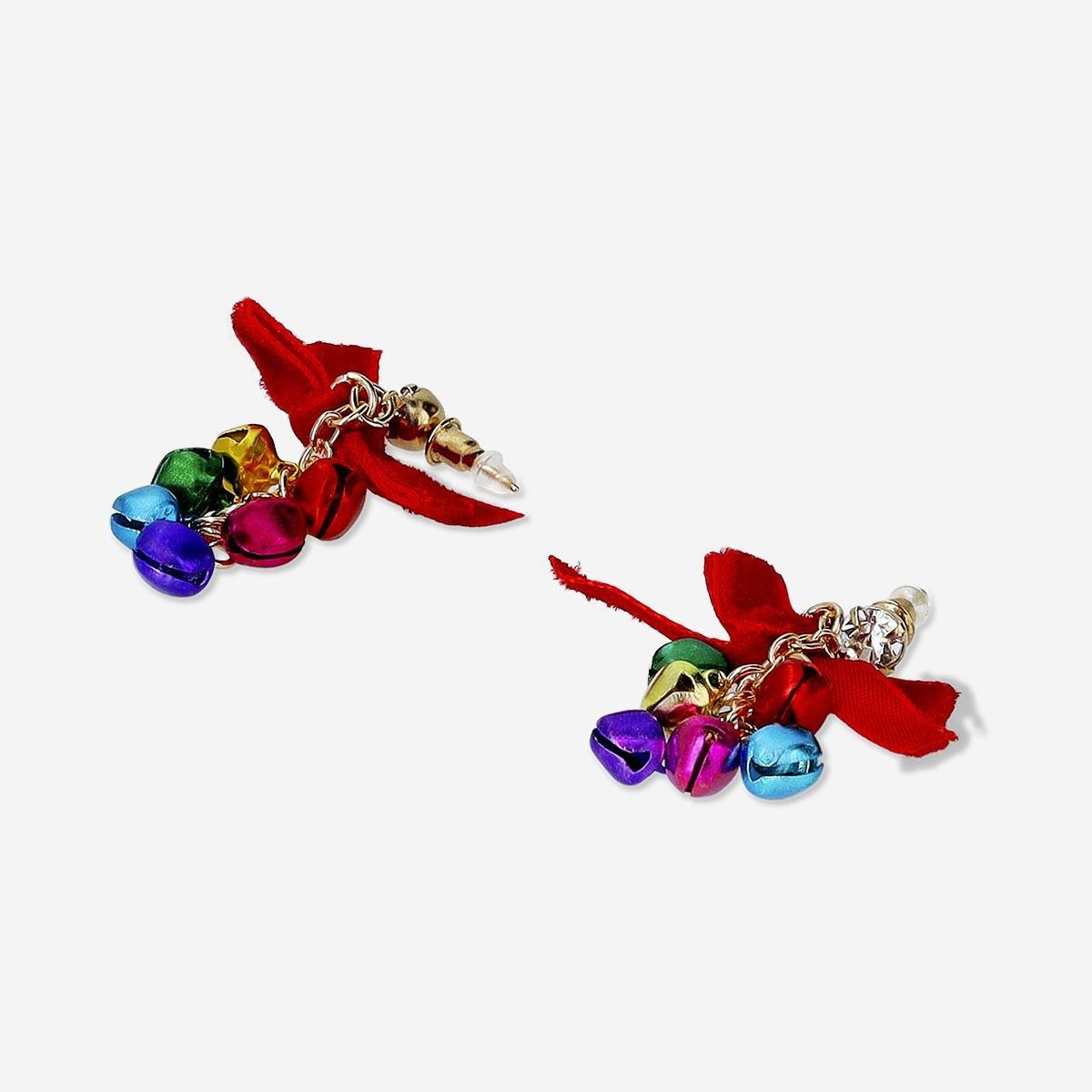 Multicolour Christmas Earrings - Bells With Red Bow