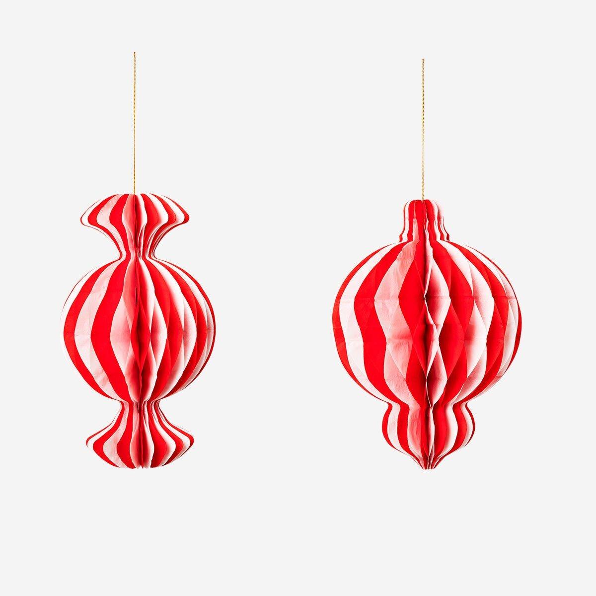 Red Hanging Candy Striped Paper Ornaments - 2 Pcs