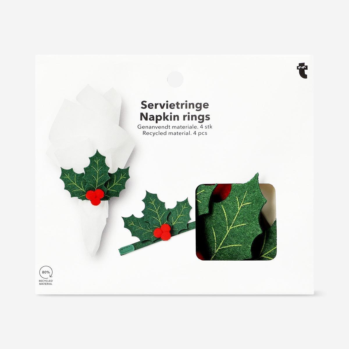 Green Holly Napkin Rings - 4 Pcs