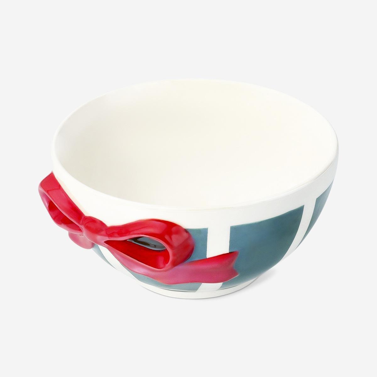 Multicolour Striped Bowl With Embossed Bow - 16 Cm