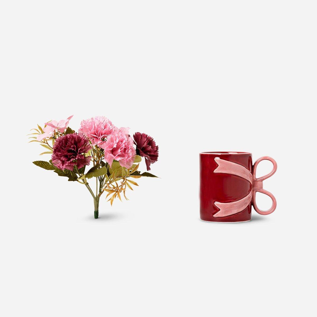 Multicolour Mug With Bow Handle And Artificial Flowers - 400 Ml