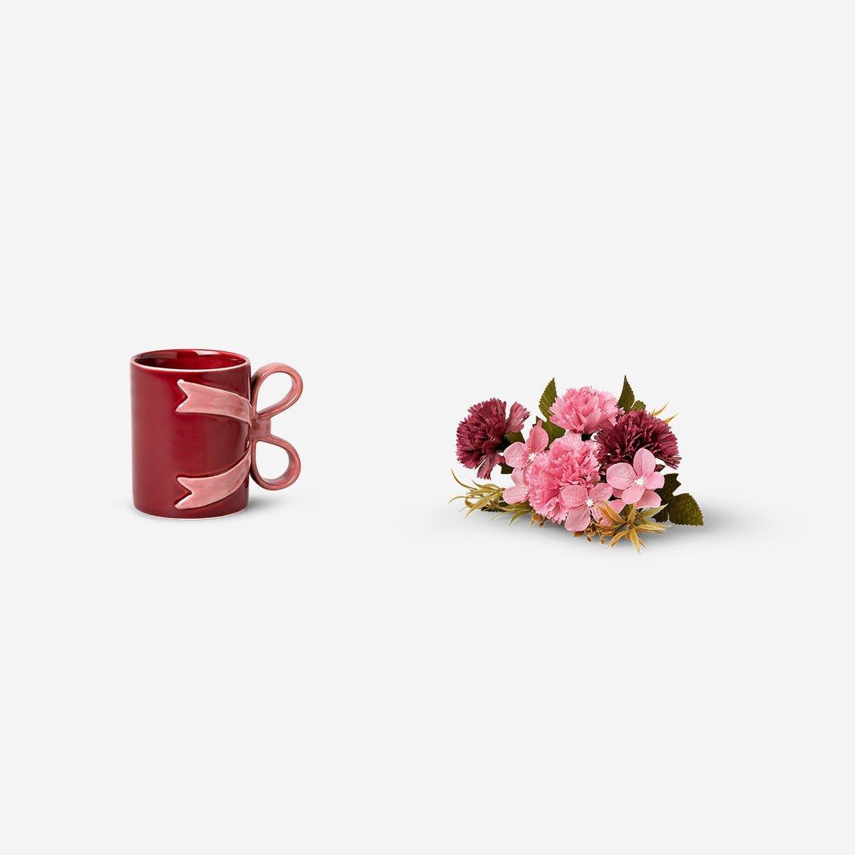 Multicolour Mug With Bow Handle And Artificial Flowers - 400 Ml