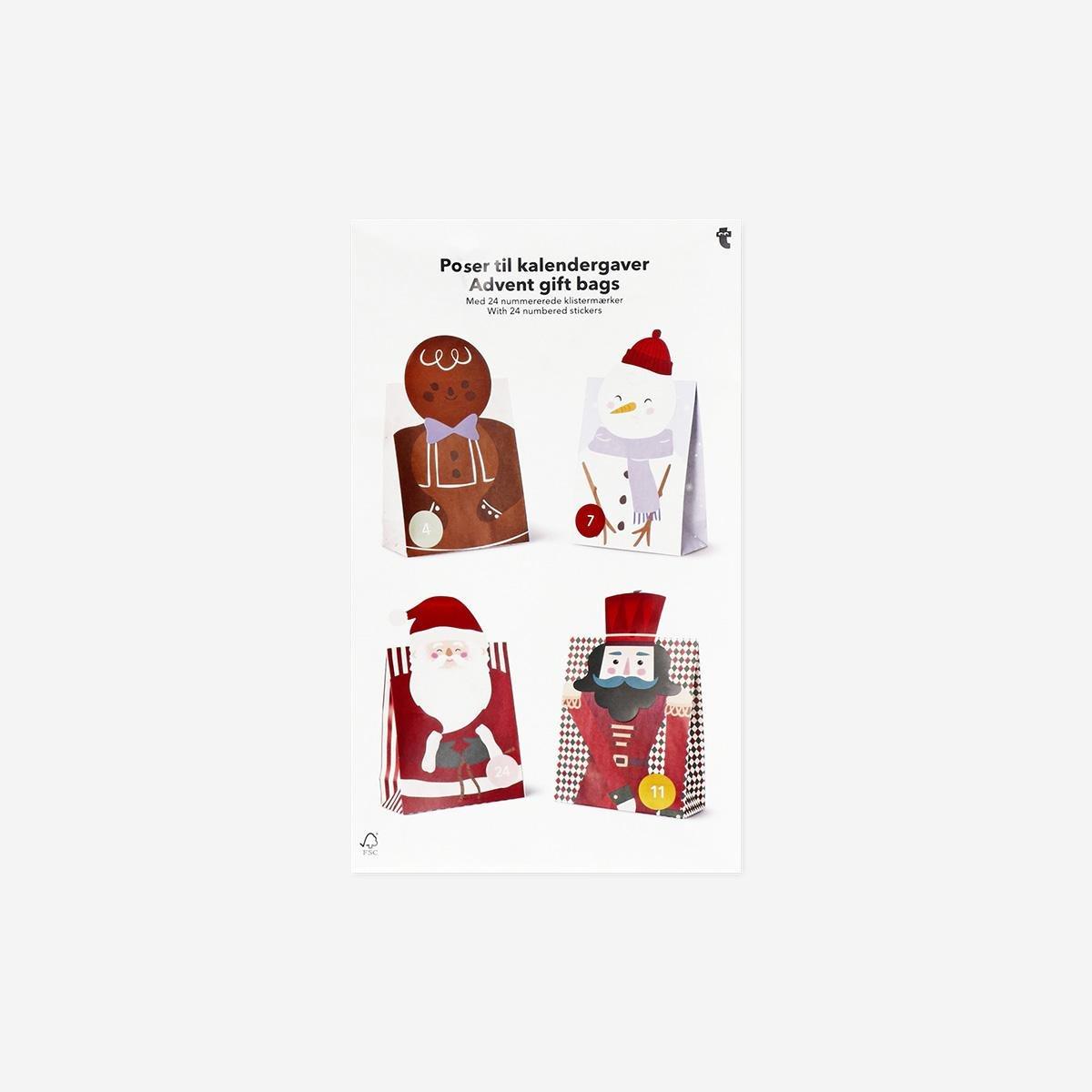 Multicolour Advent Gift Bags With Numbers And Christmas Characters - 24 Pcs