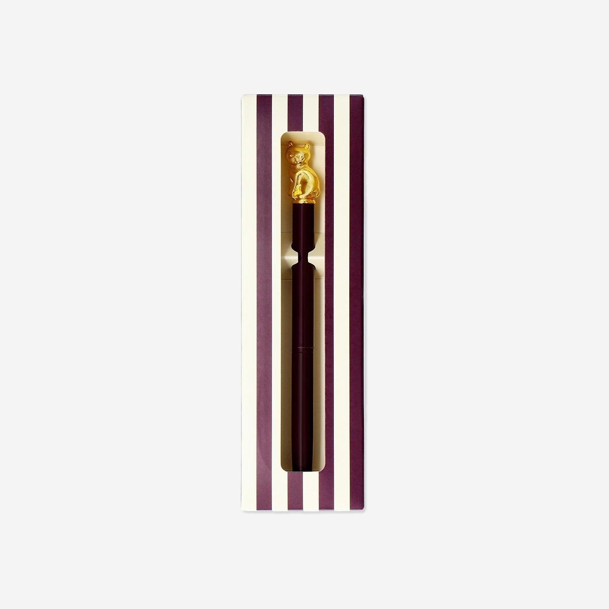 Dark Red Ballpoint Pen With Gold Cat Topper - Black Ink