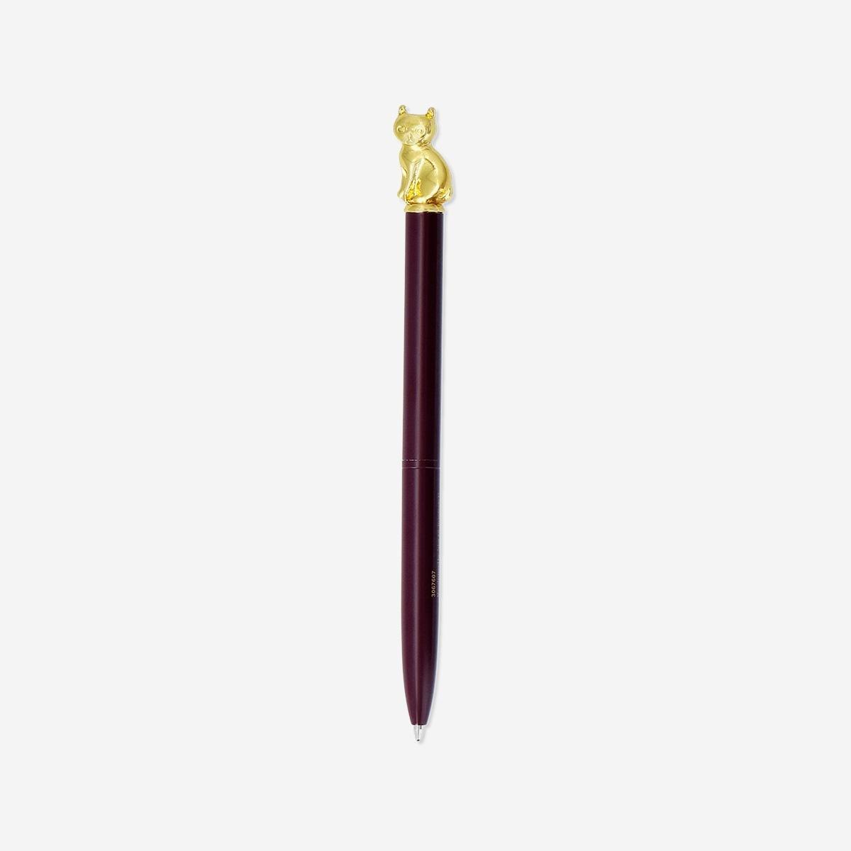 Dark Red Ballpoint Pen With Gold Cat Topper - Black Ink