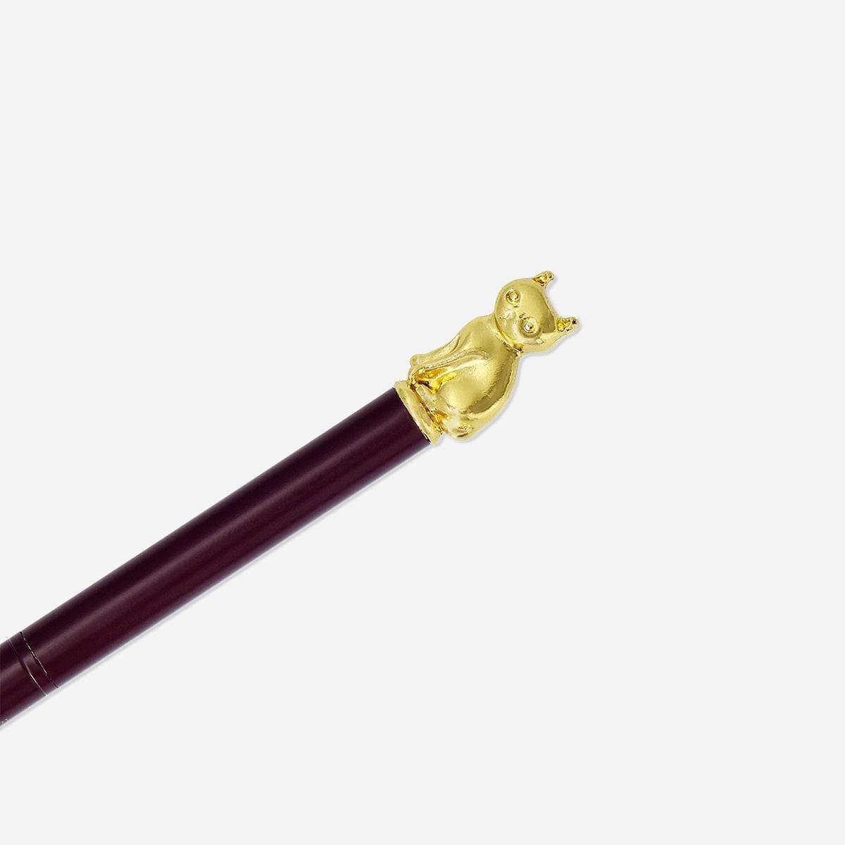 Dark Red Ballpoint Pen With Gold Cat Topper - Black Ink