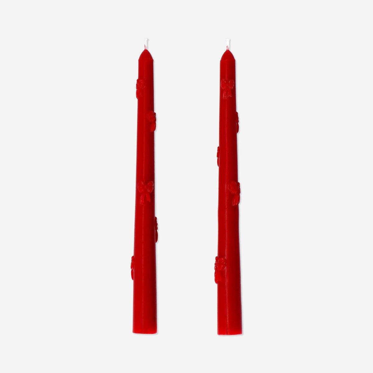 Red Dinner Candles With Embossed Bows - 2 Pcs