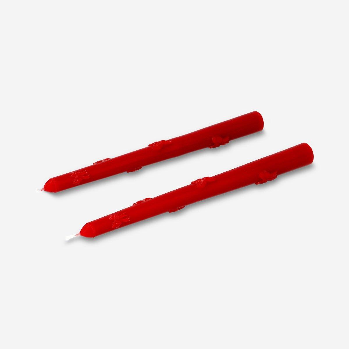 Red Dinner Candles With Embossed Bows - 2 Pcs