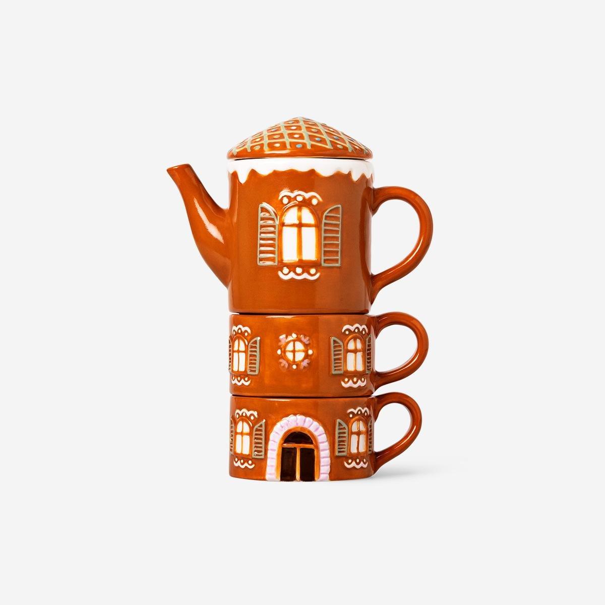 Brown Gingerbread Teapot And Mugs Set - 3 Pcs