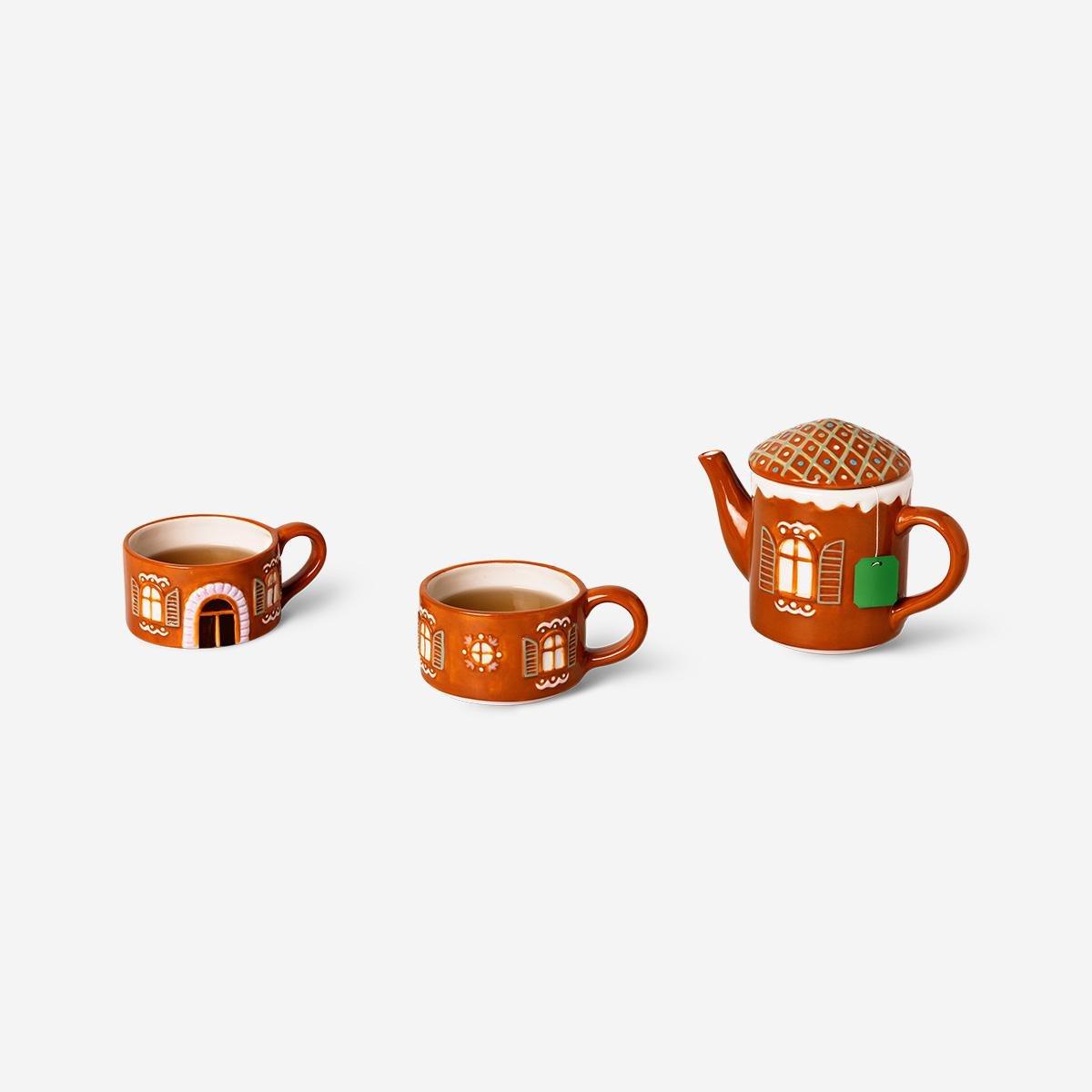 Brown Gingerbread Teapot And Mugs Set - 3 Pcs