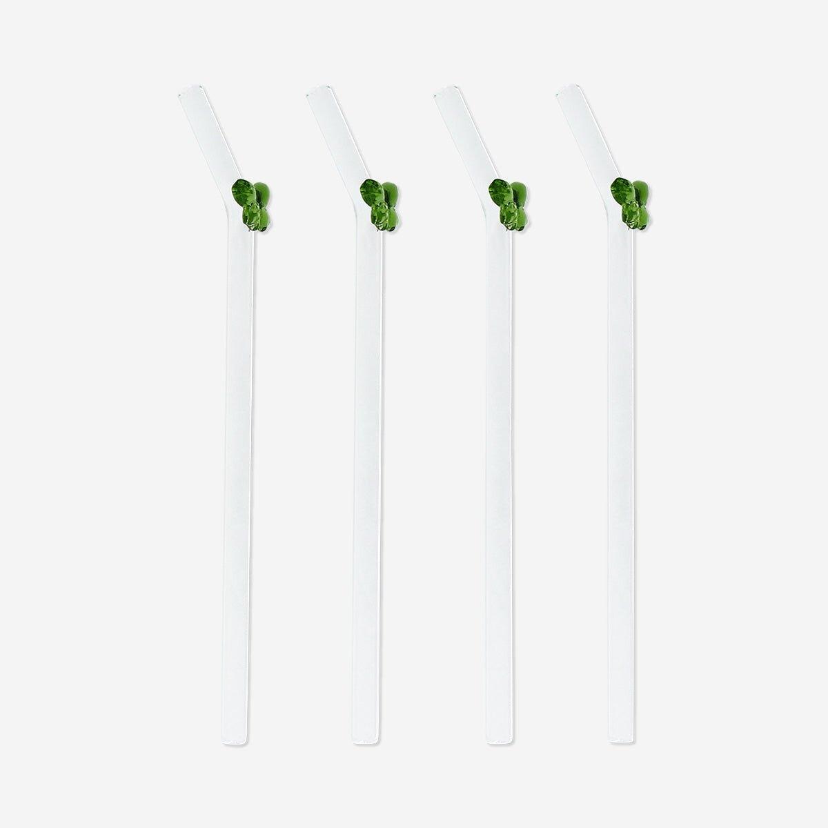 Green Glass Straws With Green Embossed Bows - 4 Pcs