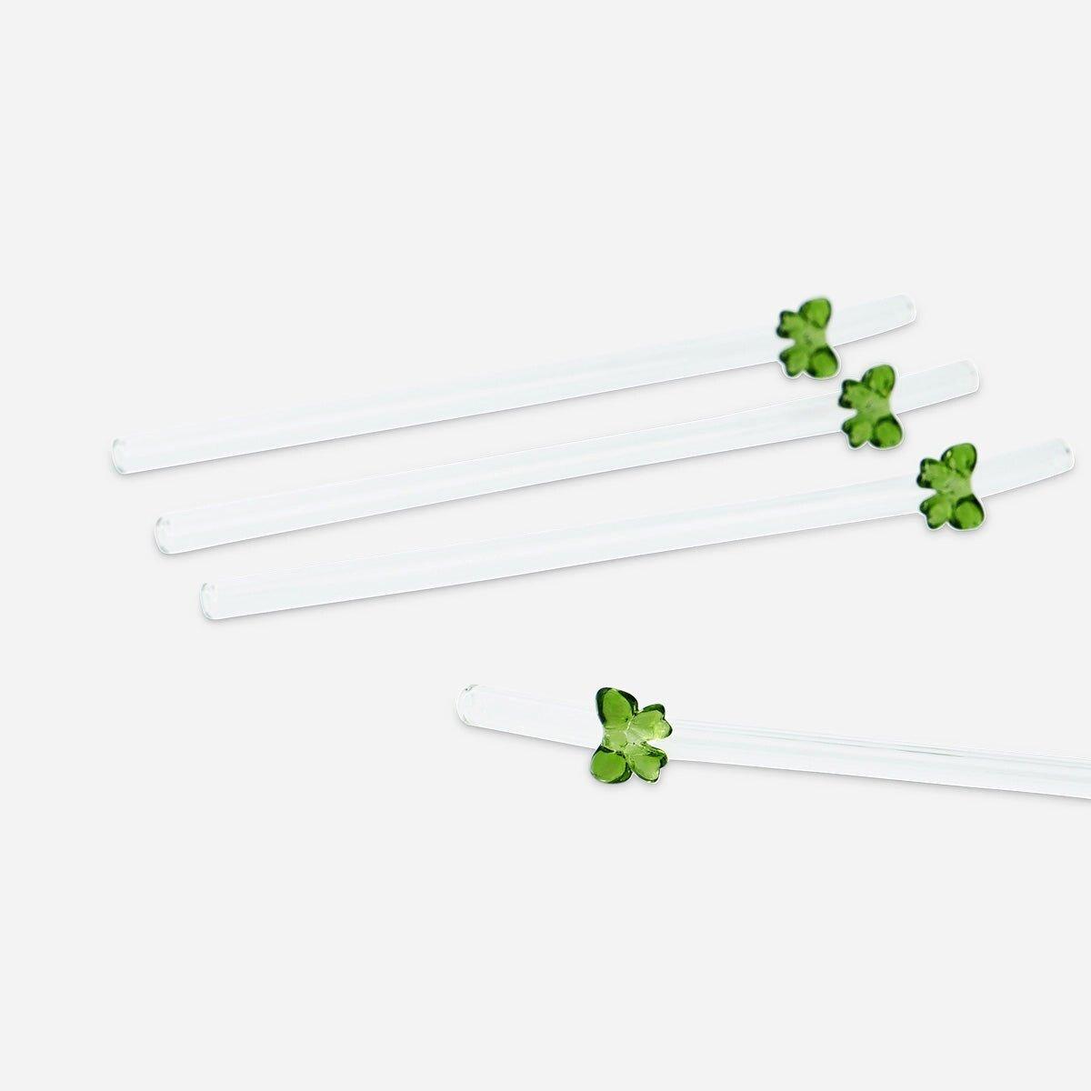 Green Glass Straws With Green Embossed Bows - 4 Pcs