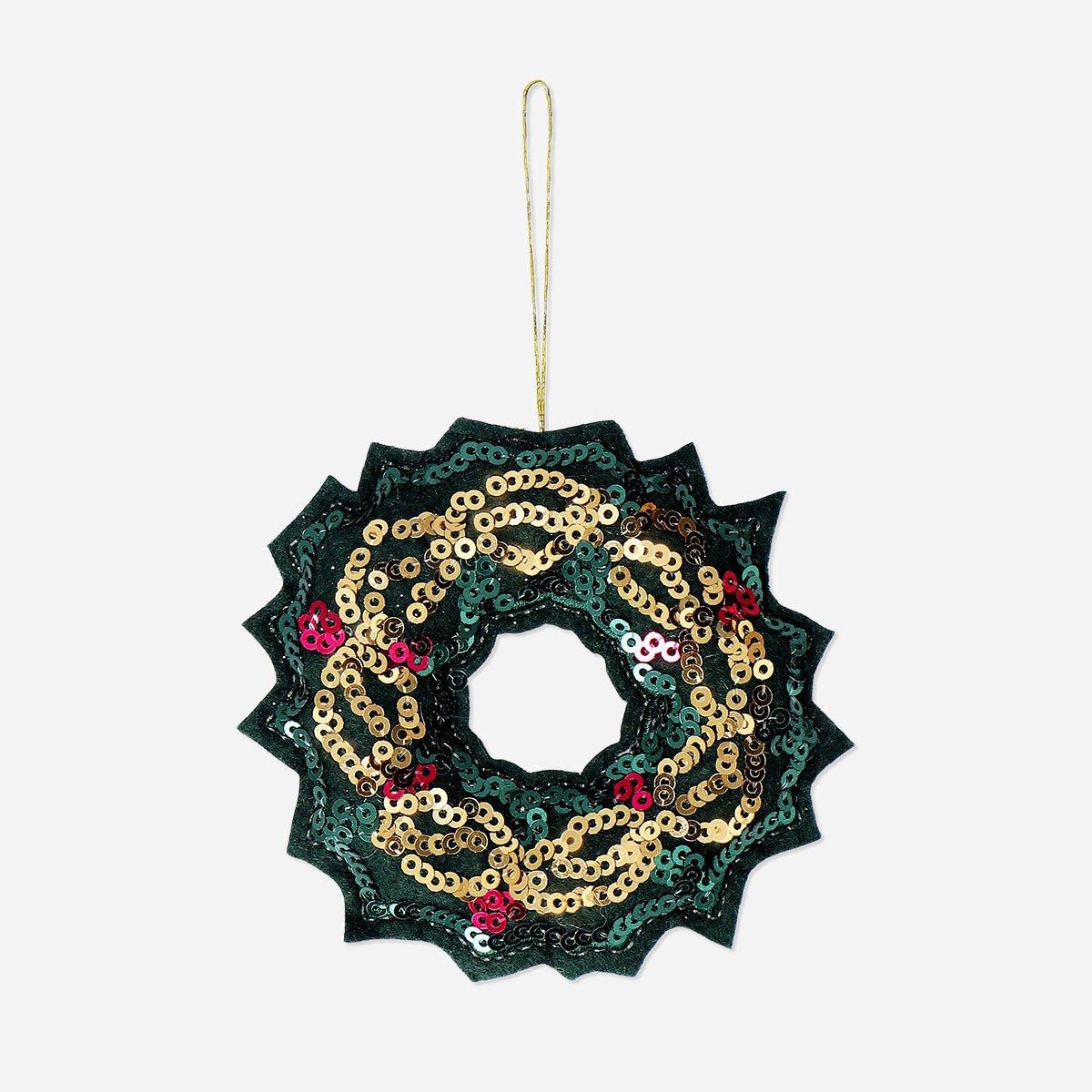 Green Hanging Ornament - Wreath With Sequins