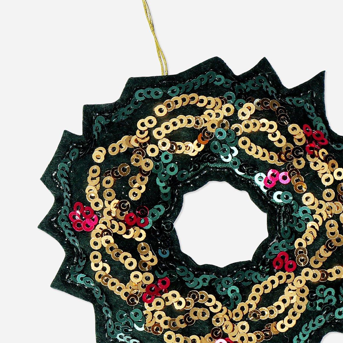 Green Hanging Ornament - Wreath With Sequins
