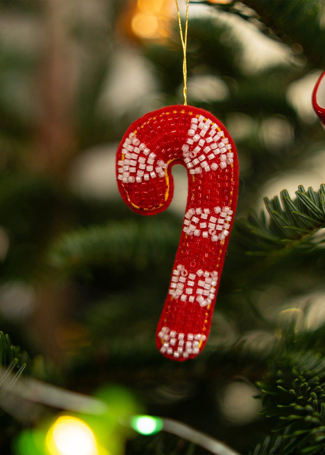 Red Hanging Ornament - Candy Cane With Beads