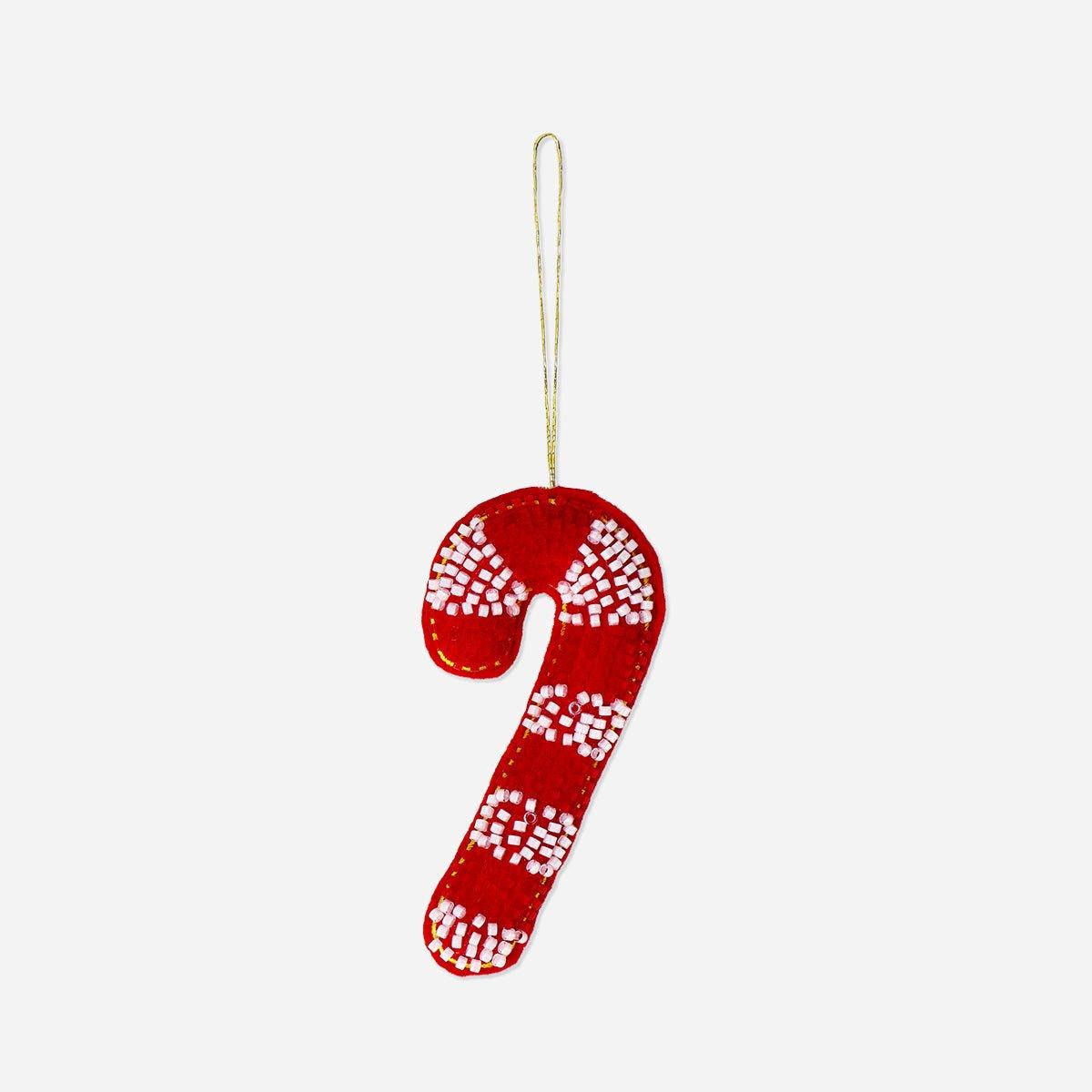Red Hanging Ornament - Candy Cane With Beads