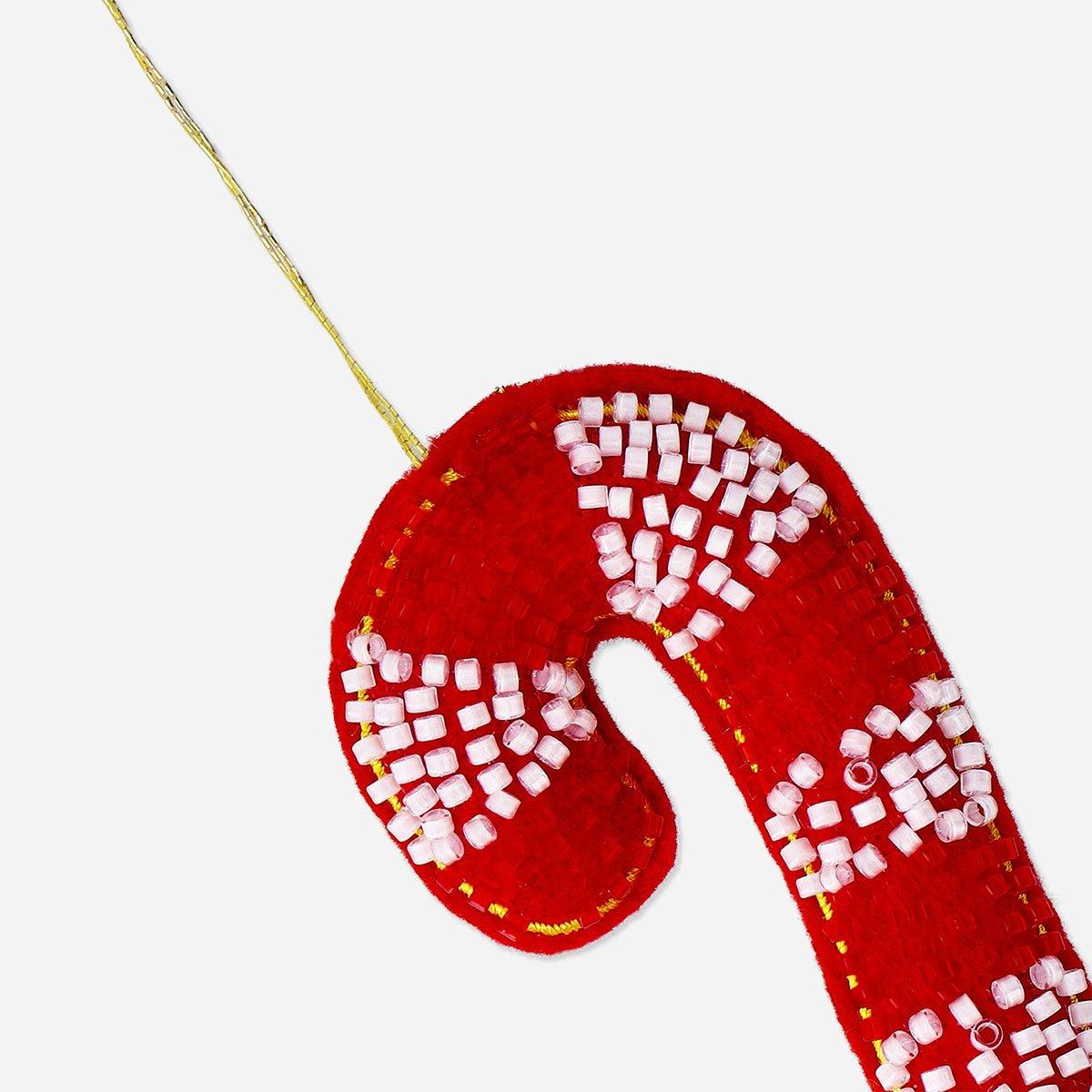 Red Hanging Ornament - Candy Cane With Beads