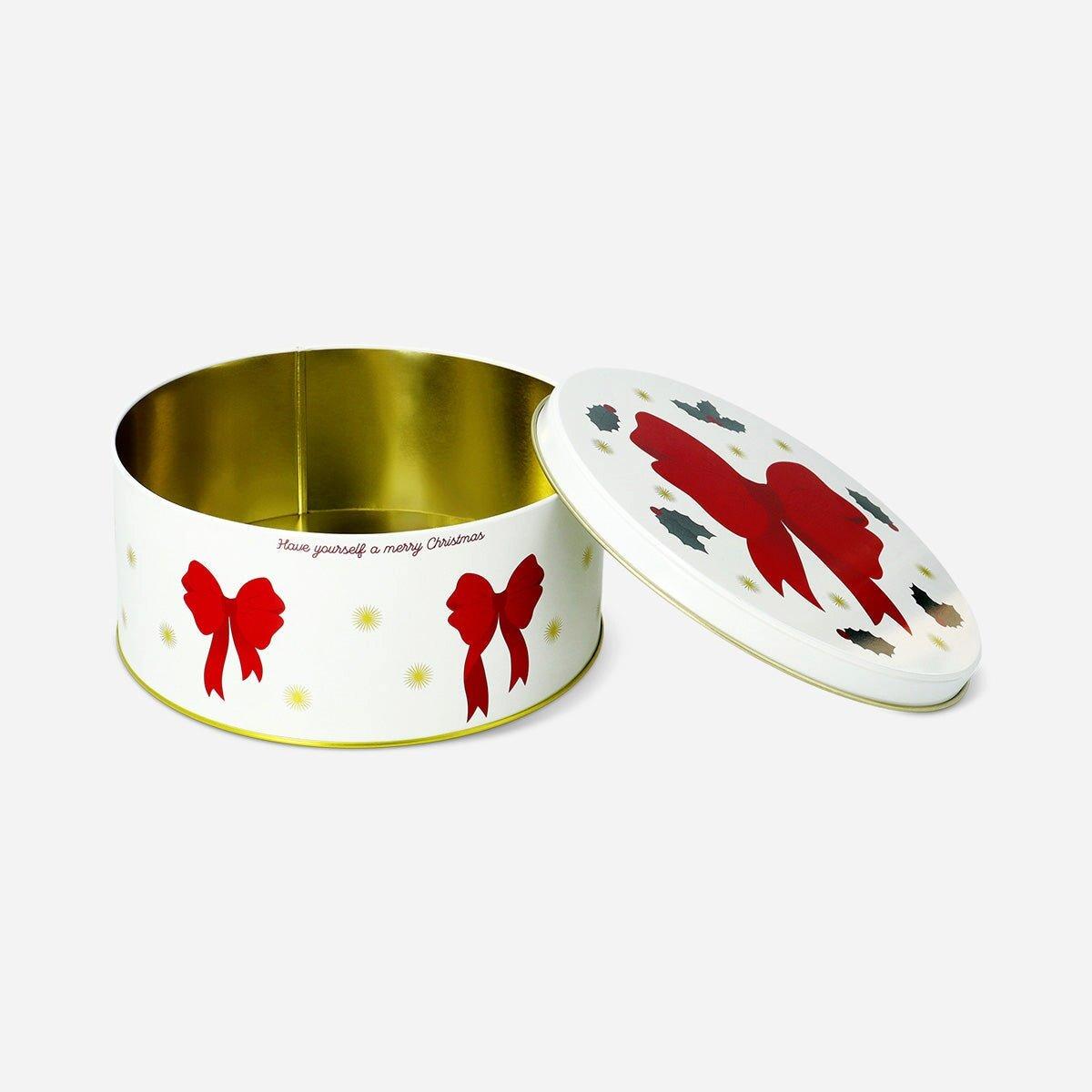 Multicolour Christmas Cake Tin With Bow Print - 20 Cm