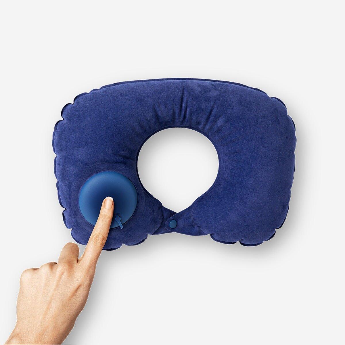 Blue Inflatable Travel Pillow In Drawstring Bag